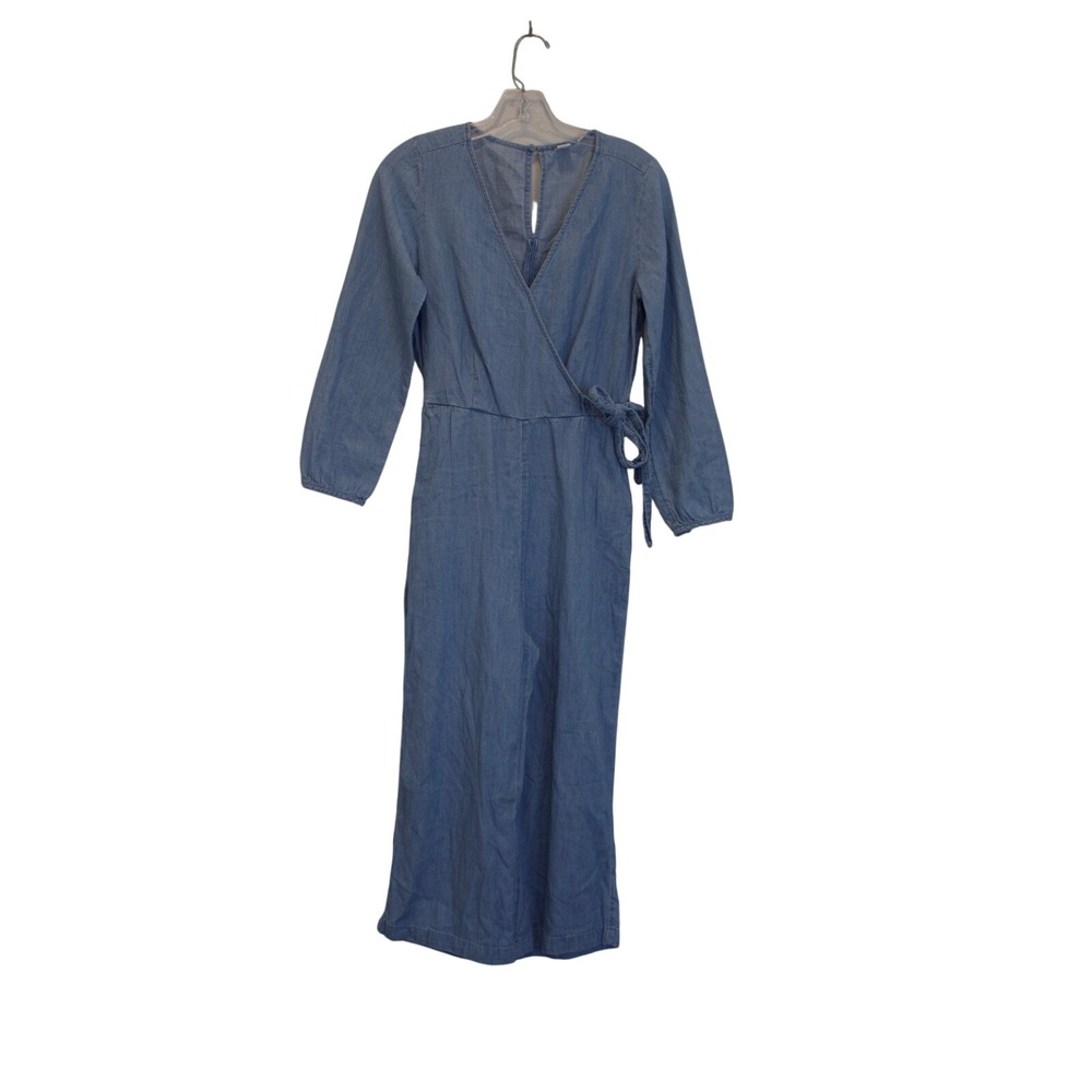 Old Navy Jumpsuit Womens XS Wrap Front Long Sleeve Blue Chambray Wide Leg Denim
